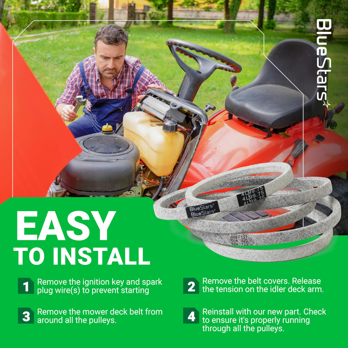 BlueStars 954-05021 belt's aramid-core and wrap reduce wear and heat buildup.