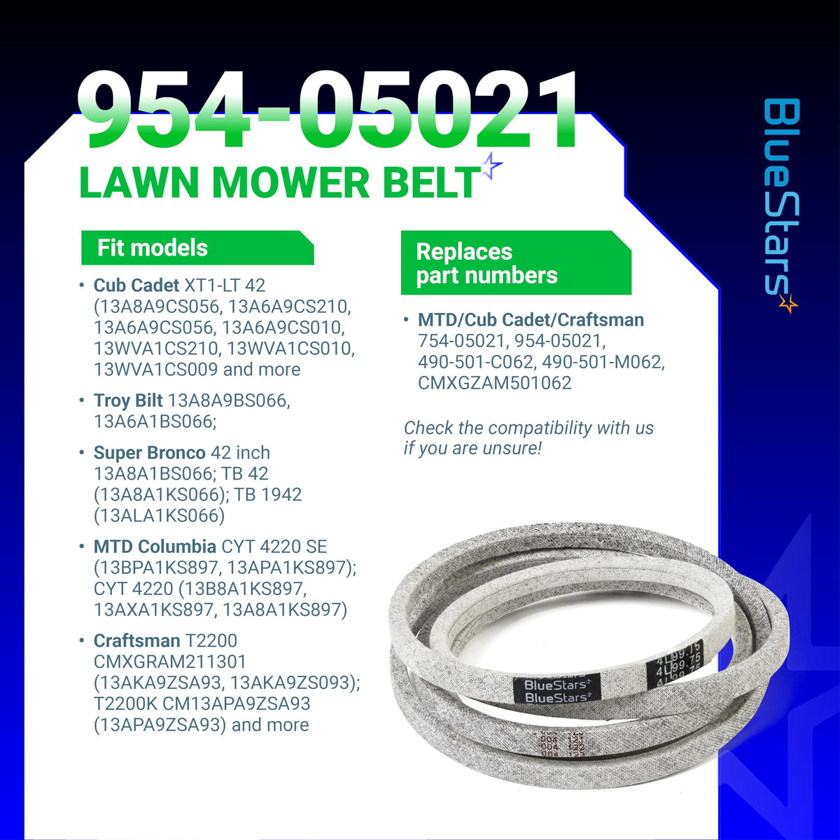 BlueStars packaging labels show belt length and width for quick verification.