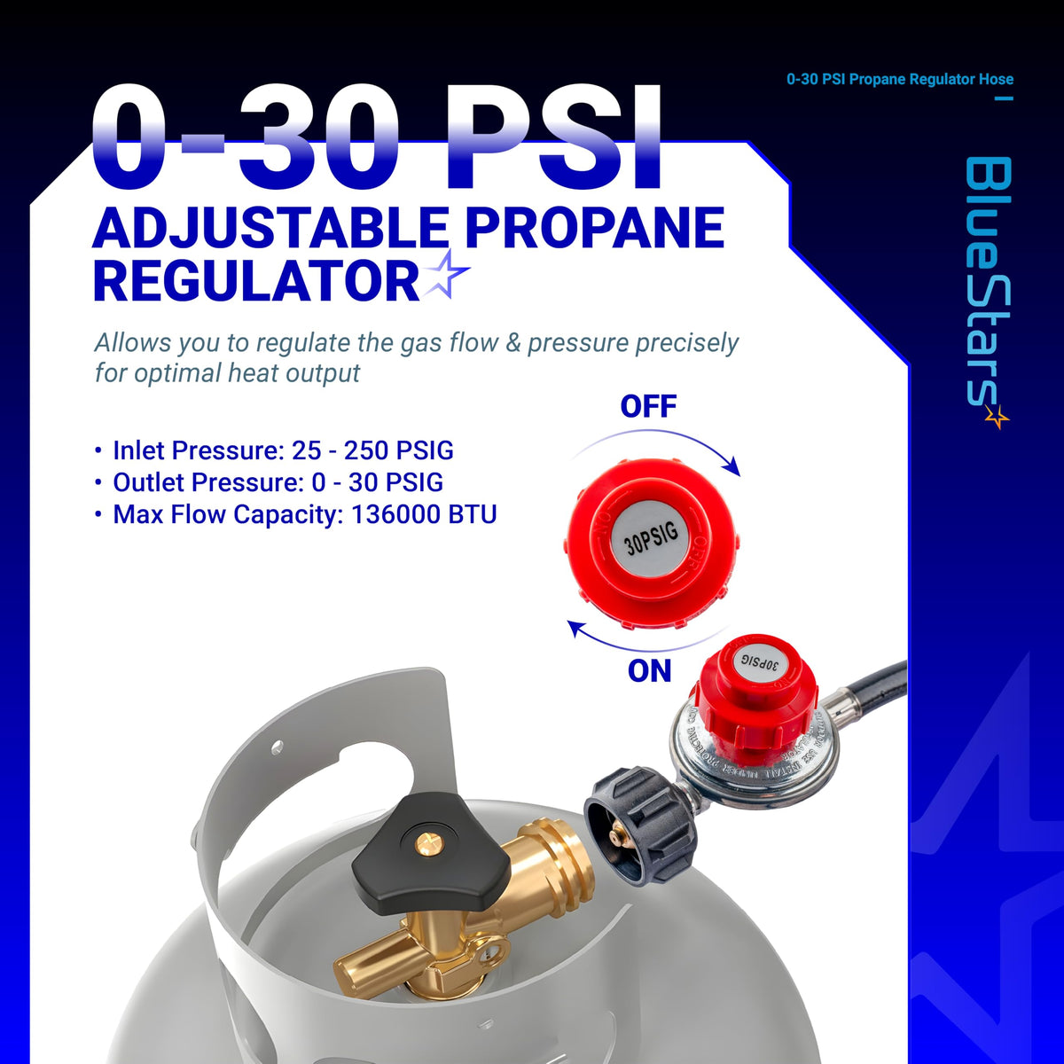 BlueStars adjustable 0-30 psi regulator enables precise gas flow