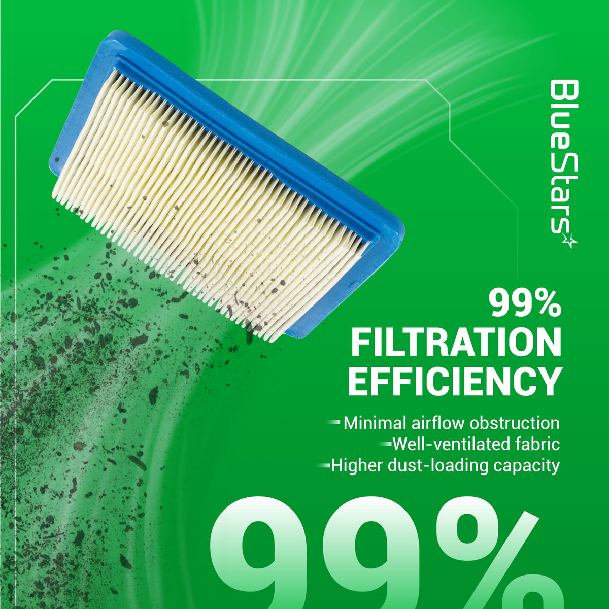 BlueStars air filter close-up highlights filtration efficiency for cleaner engine air