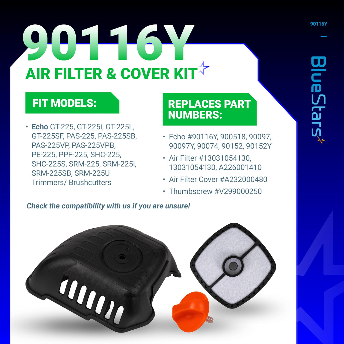 BlueStars air filter cover closeup highlighting durable plastic and filter media.