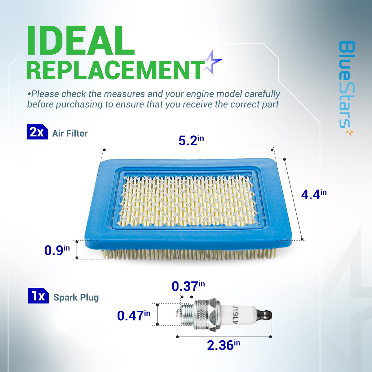 BlueStars packaging shows two filters and a spark plug in the kit