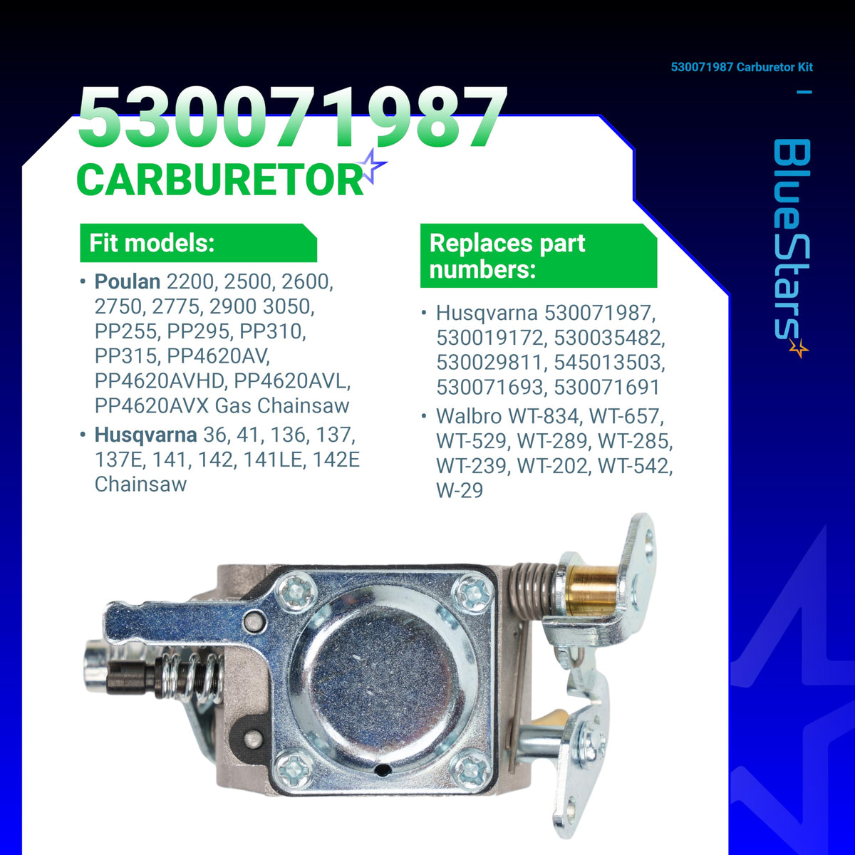 BlueStars carburetor with spark plug and kit components ready for maintenance