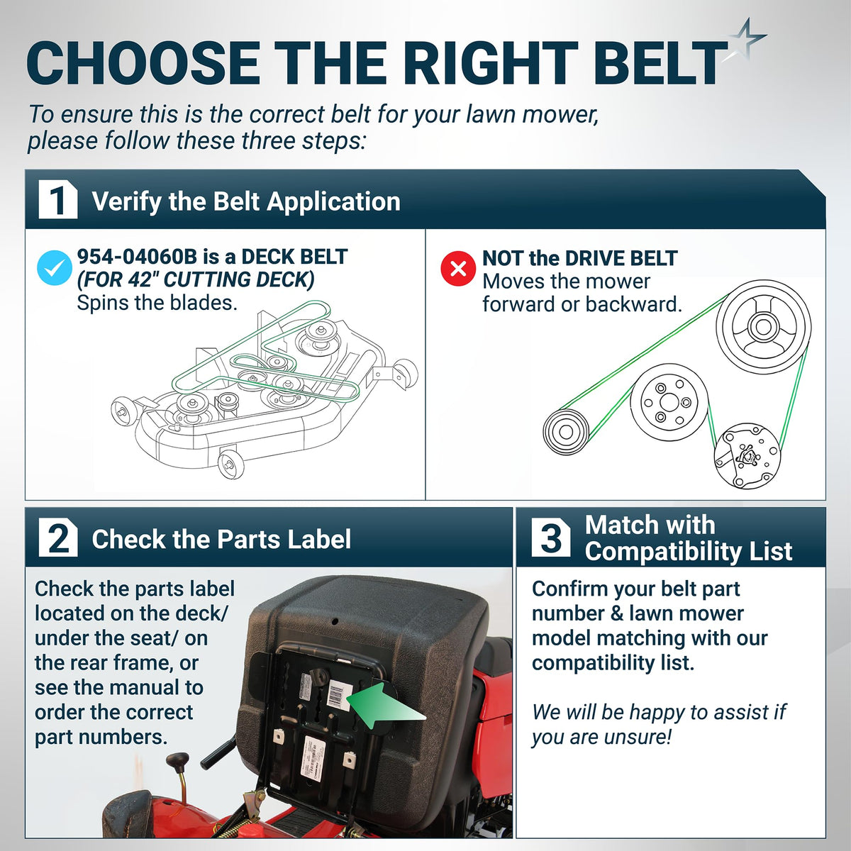 BlueStars 954-04060 compatibility chart for the series belt.