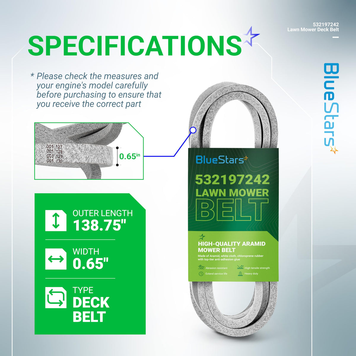 BlueStars deck belt width 0.65 inches provides snug fit and smooth operation.
