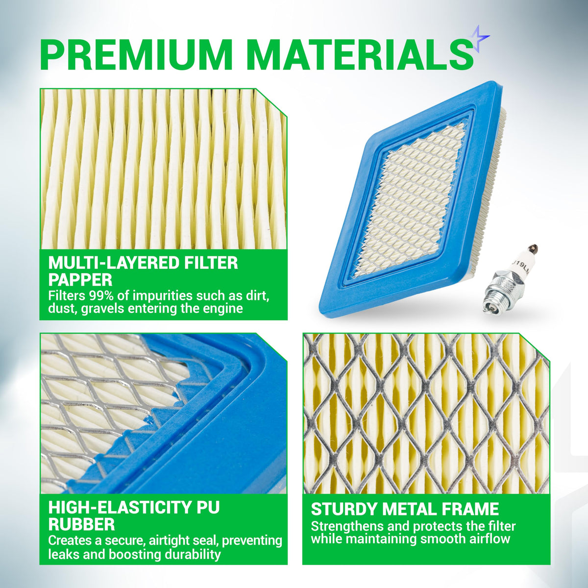 BlueStars durable materials protect against heat and vibration for longer mower life