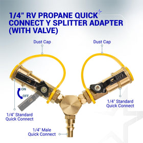 BlueStars solid brass RV propane splitter withstands outdoor conditions and corrosion.