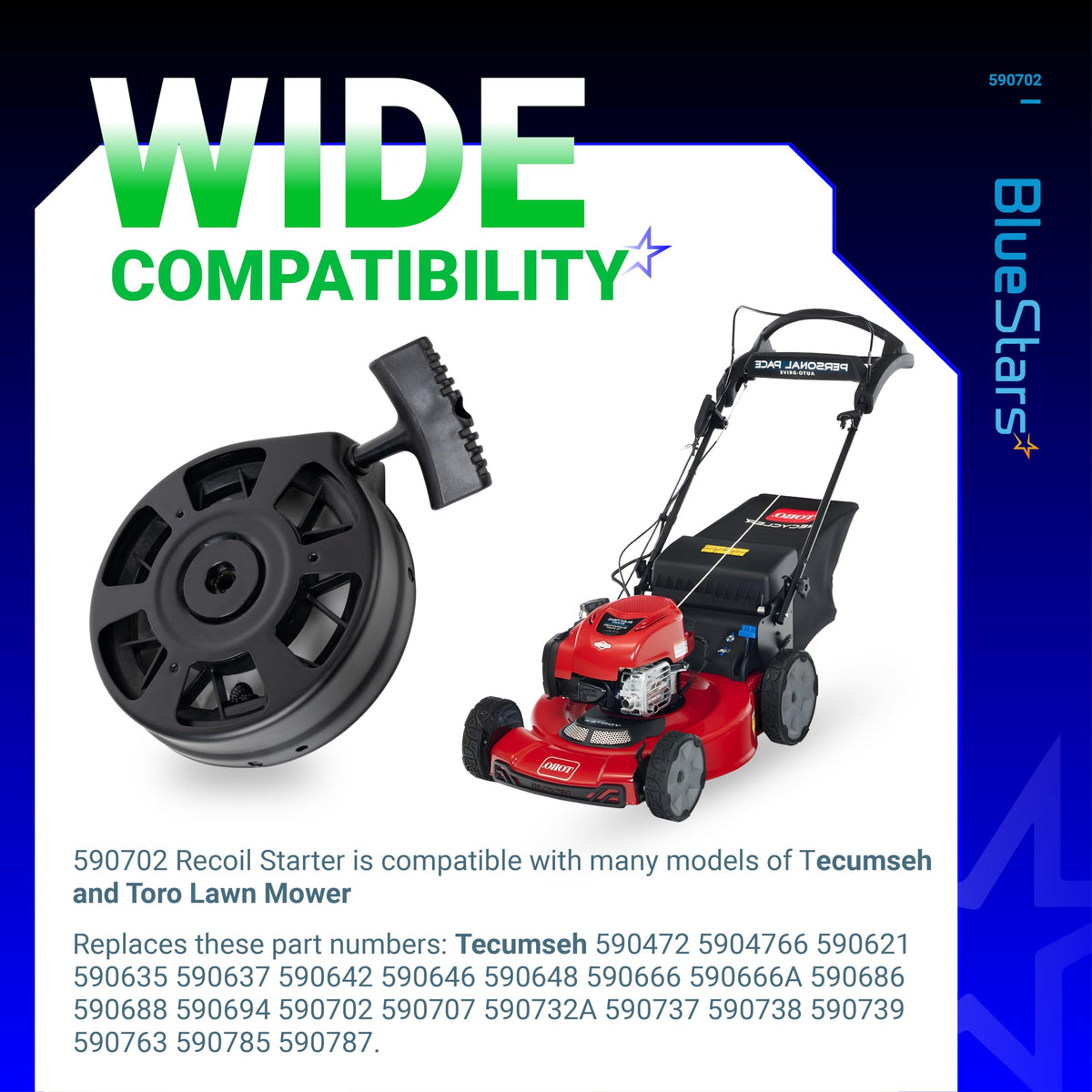 BlueStars easy-pull starting mechanism visual, reduces effort during lawn care.