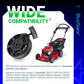 BlueStars easy-pull starting mechanism visual, reduces effort during lawn care.