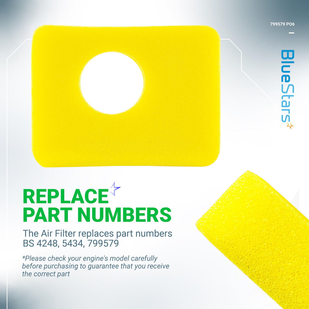BlueStars foam filter compatibility chart closeup shows engine range and part numbers.