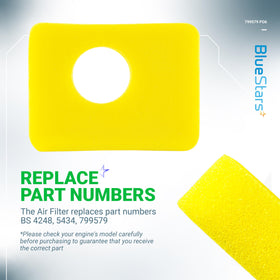 BlueStars foam filter compatibility chart closeup shows engine range and part numbers.