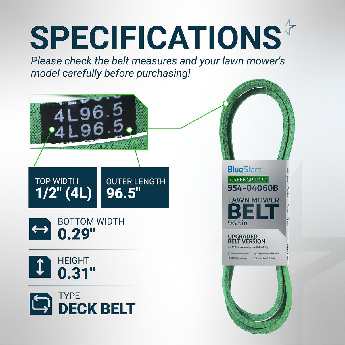 BlueStars GreenGrip 120 belt on a 42-inch deck showing improved grip.