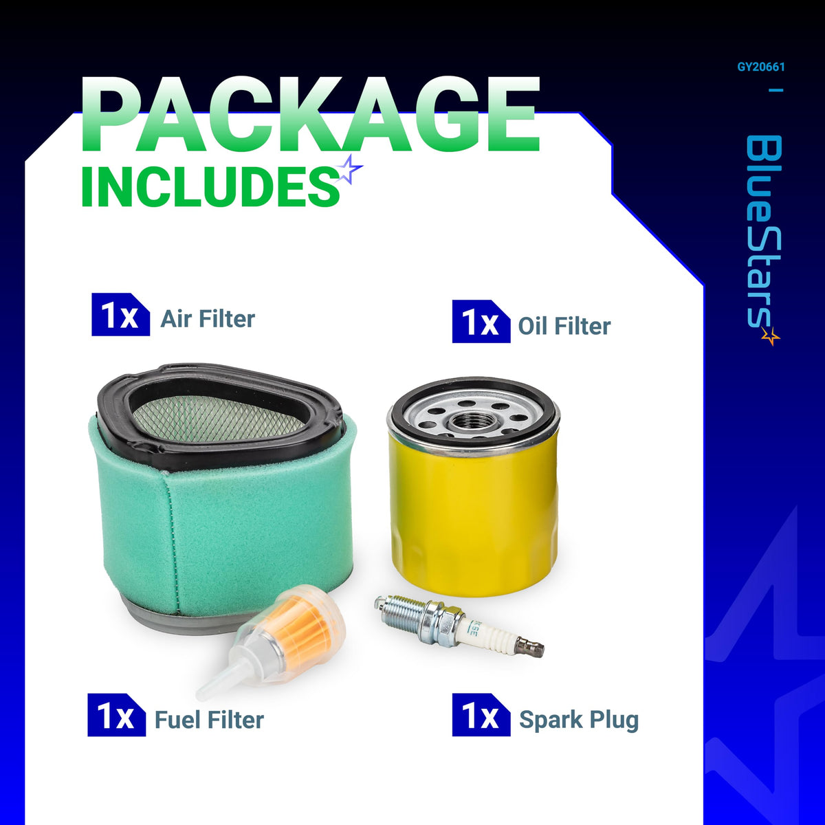BlueStars GY20661 oil filter showing durable metal housing for clean oil flow