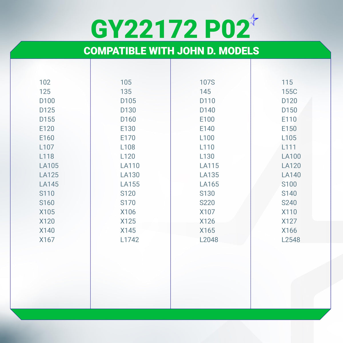 BlueStars gy22172 Deere fit image shows compatibility with 42-inch and 48-inch decks.