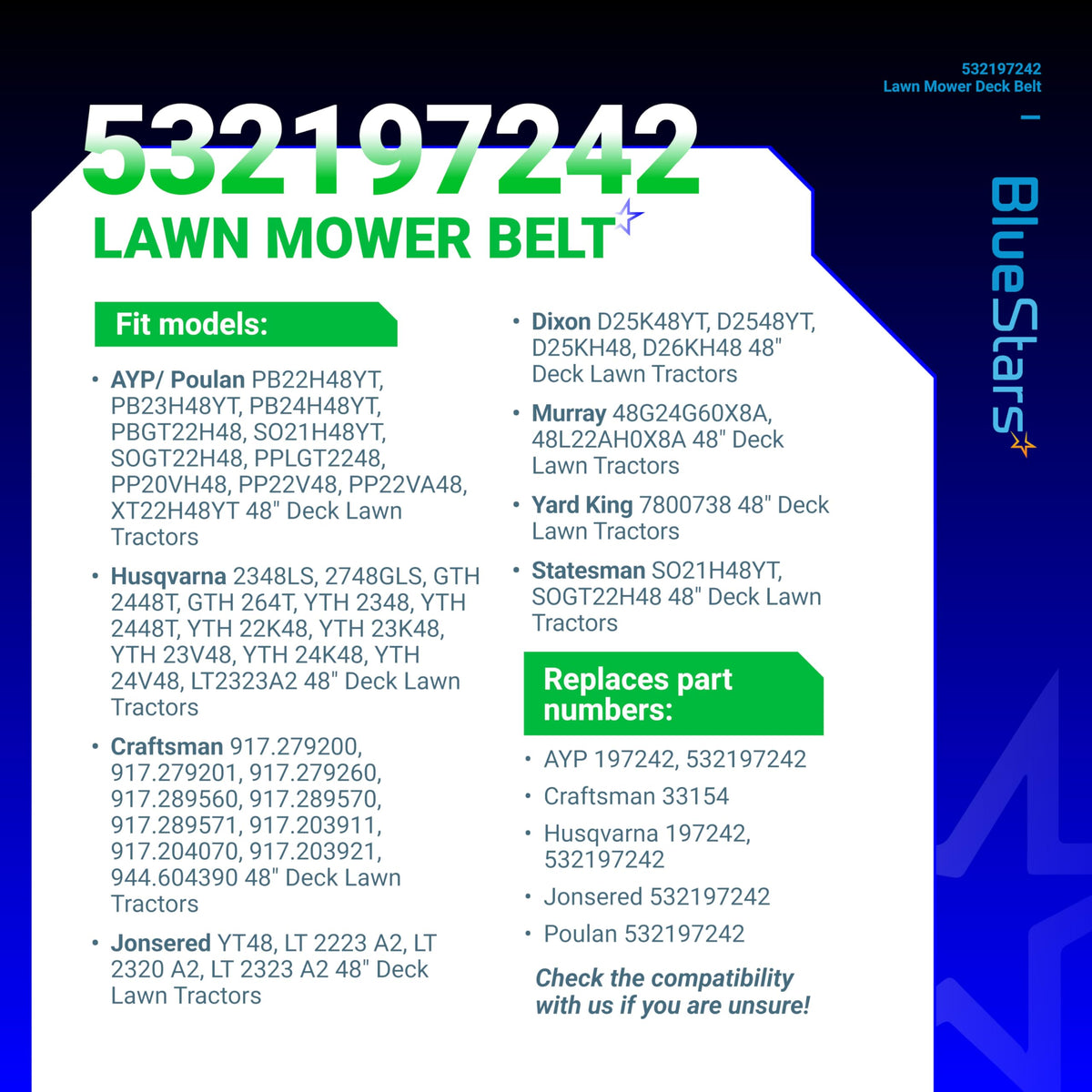 BlueStars deck belt compatible with Husqvarna YTH24V48 and related models.