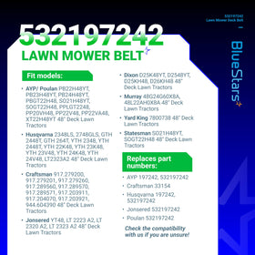 BlueStars deck belt compatible with Husqvarna YTH24V48 and related models.