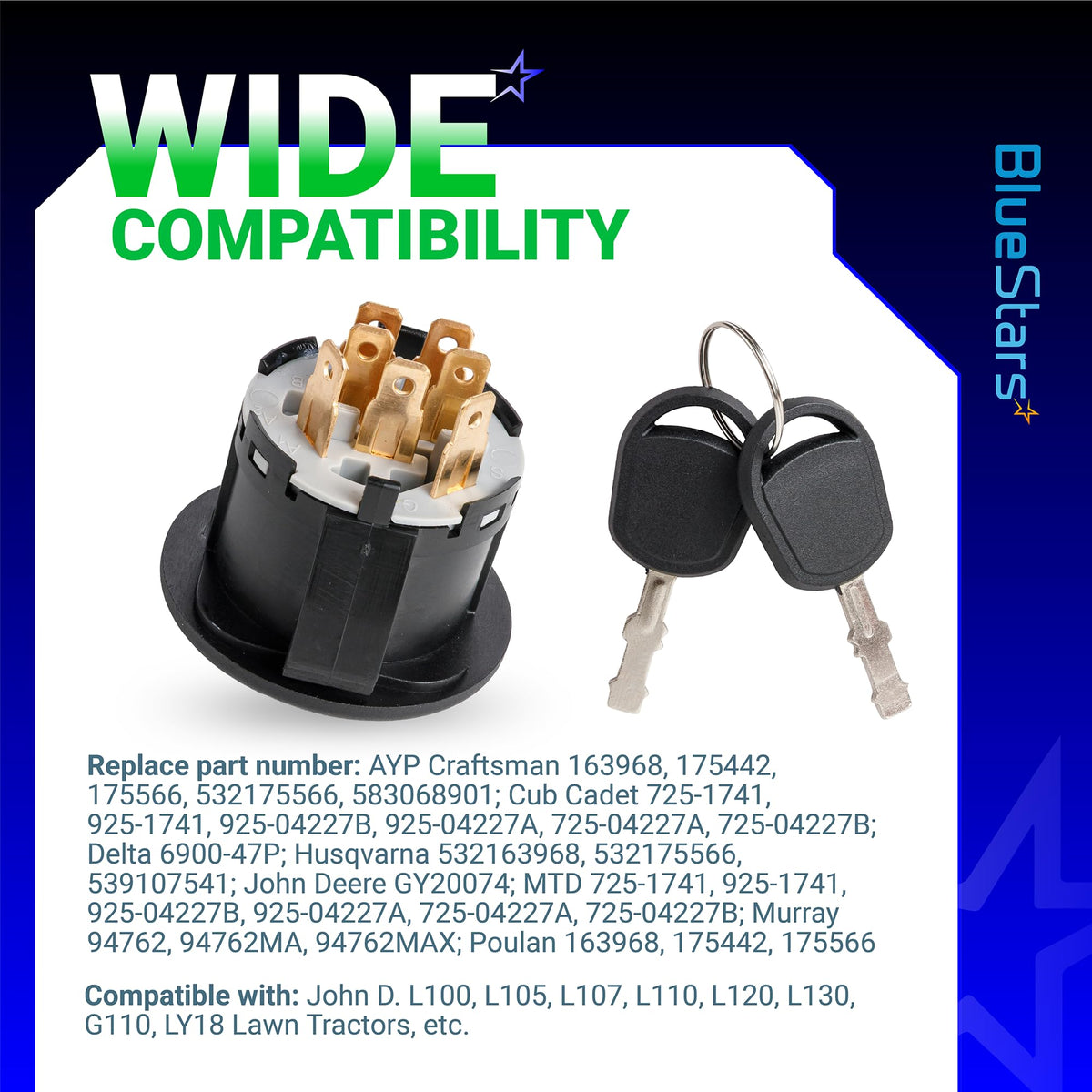 BlueStars compatibility overview image showing broad mower model support
