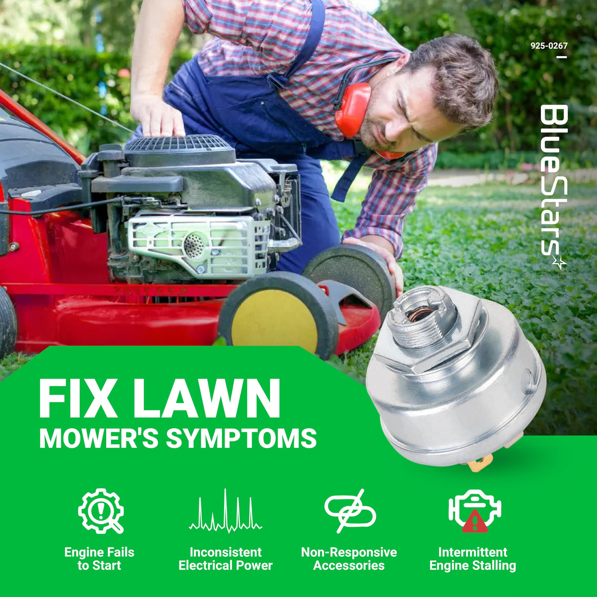 BlueStars ignition switch mounted in mower slot for demonstration