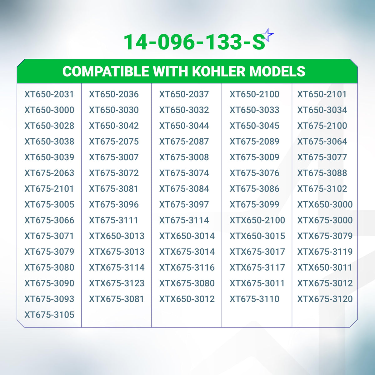 BlueStars Kohler XT series fitment illustration shows XT650 and XT675 compatibility.