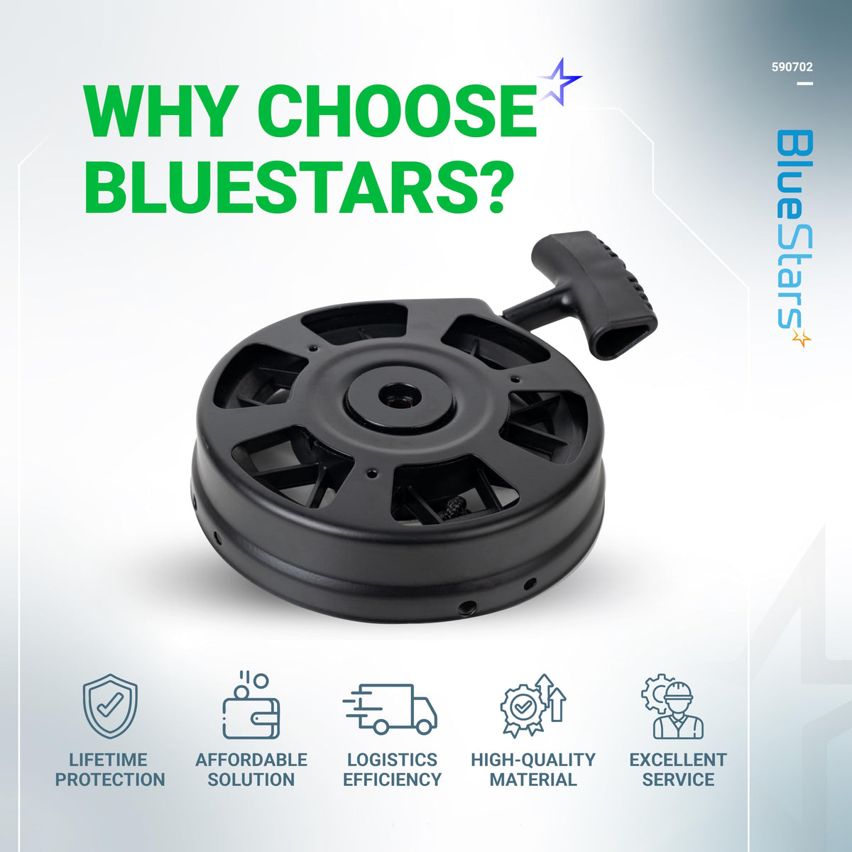BlueStars recoil starter in action, ideal for hassle-free lawn maintenance.