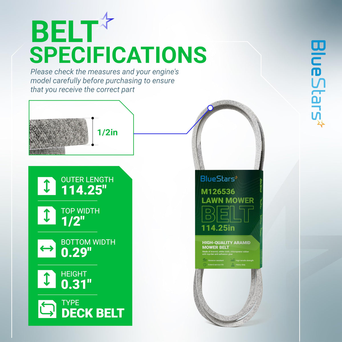 BlueStars M126536 belt dimensions highlight 114-25 by 0.5 inch size.