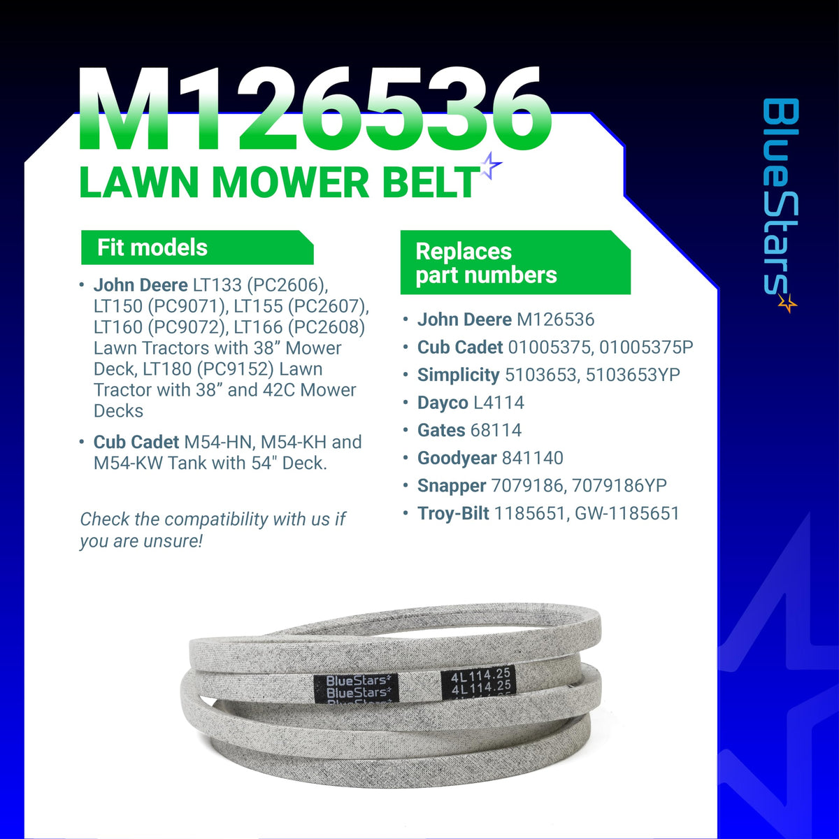 BlueStars M126536 belt reveals heat resistance and oil-proof construction.