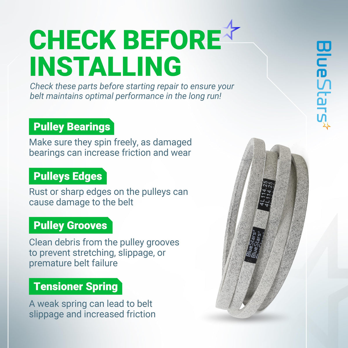 BlueStars M126536 installation-ready belt for quick mower replacement.