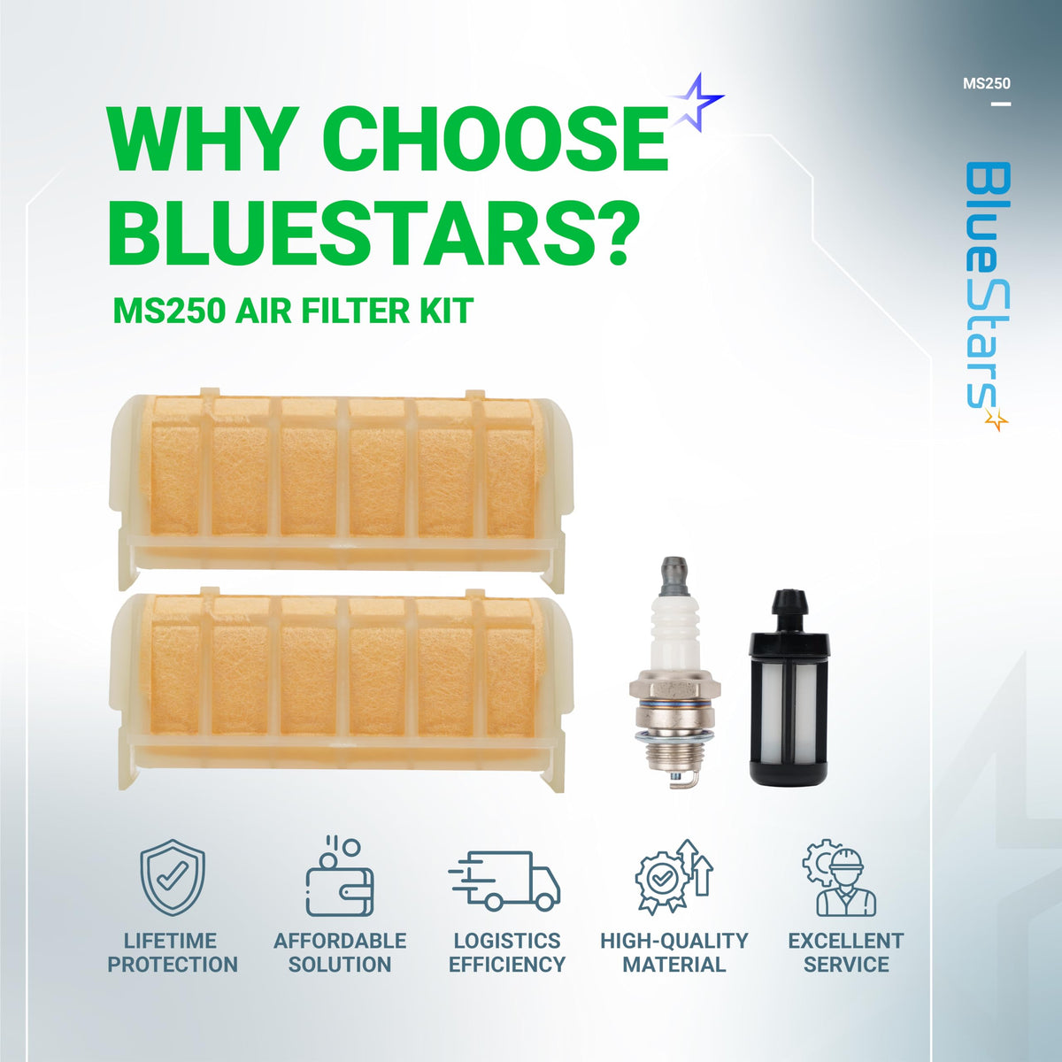 BlueStars MS250 air filter kit fitment chart helps model compatibility.
