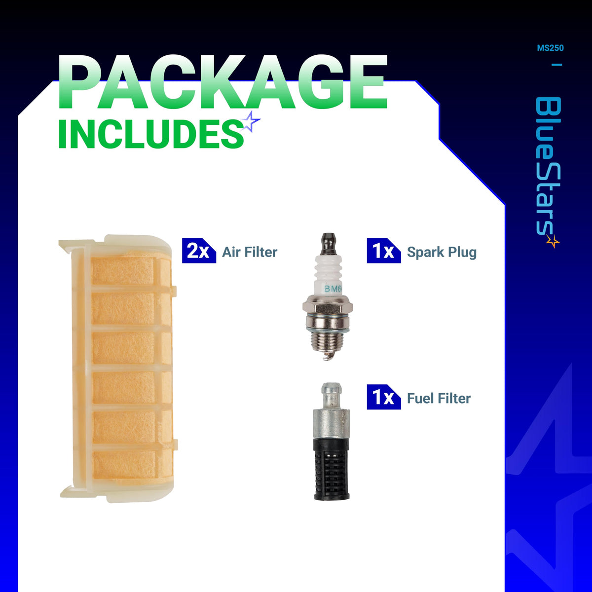 BlueStars MS250 air filter kit side view showing compatibility with MS models.