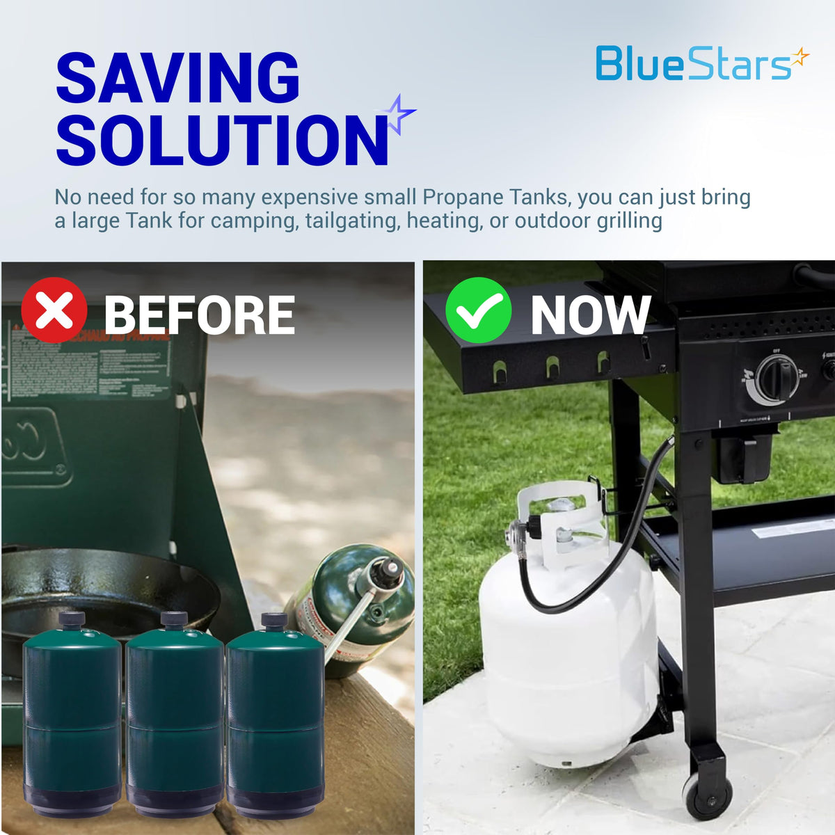 BlueStars outdoor cooking hose in camping scene; versatile for camping and tailgating.