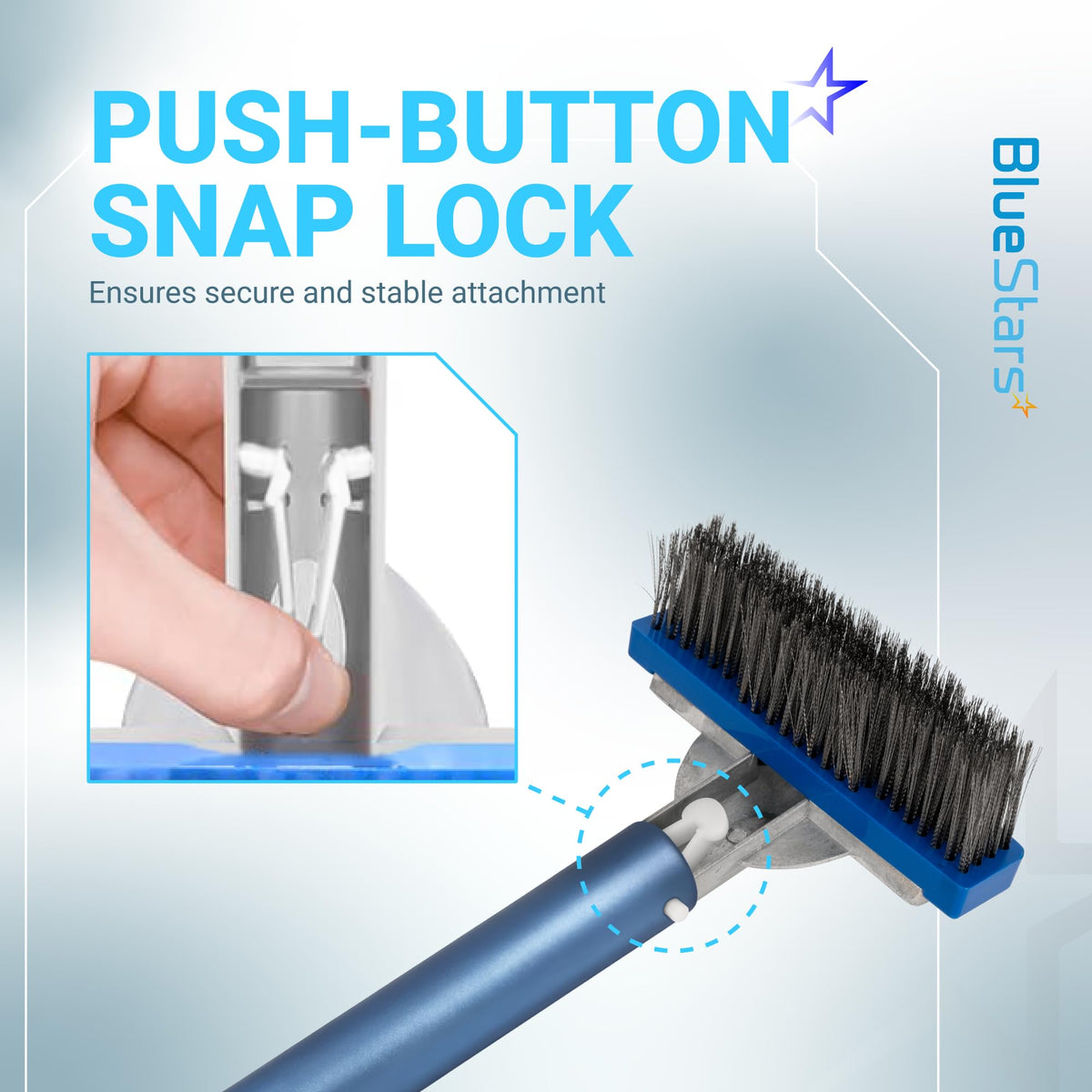 BlueStars pool brush with reinforced aluminium plate for long-lasting performance.