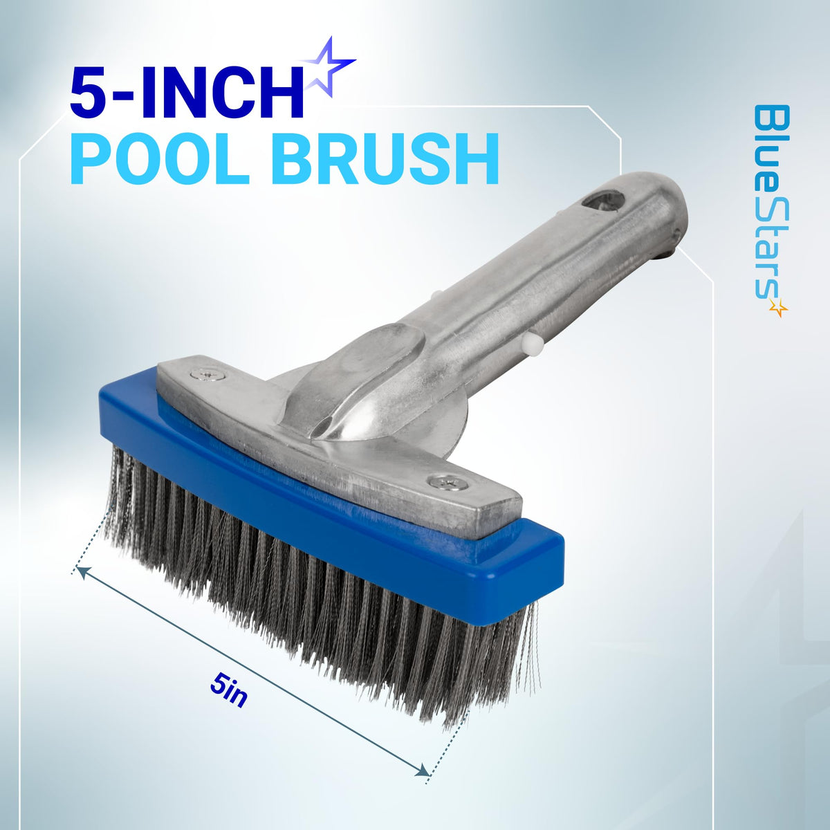 BlueStars pool brush with 45-degree angled handle for easier underwater scrubbing.