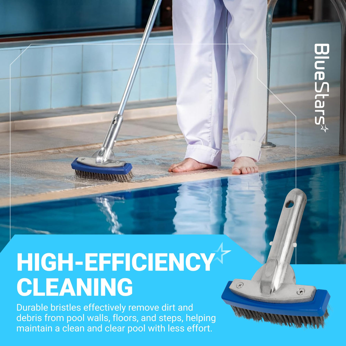 BlueStars durable aluminium plate on the pool brush enhances longevity.