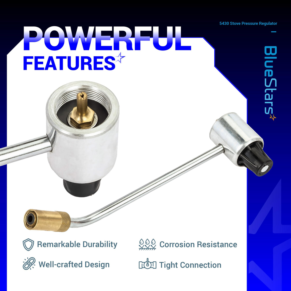 BlueStars regulator maintains precise 15 PSI for controlled flame