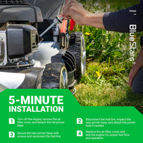 BlueStars primer base in use on a lawn mower conveys straightforward maintenance.