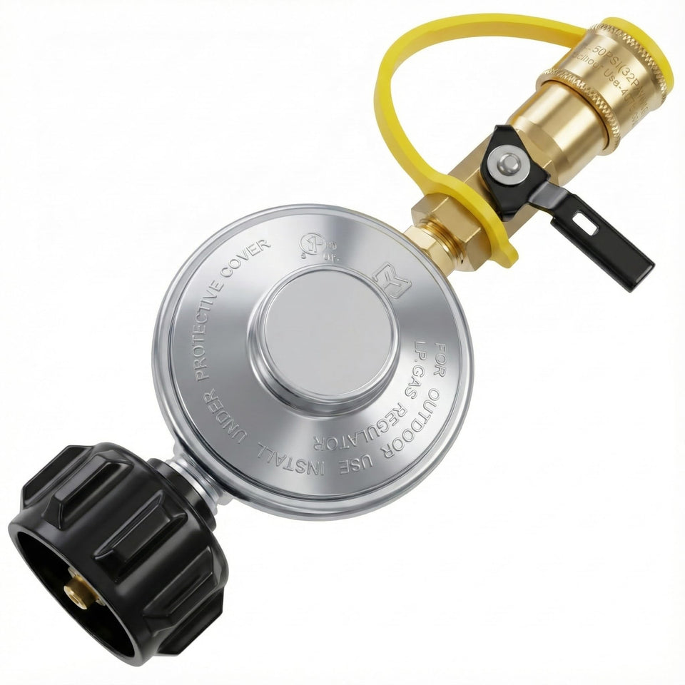 BlueStars propane quick connect adapter close-up, showing brass fittings for easy connection.