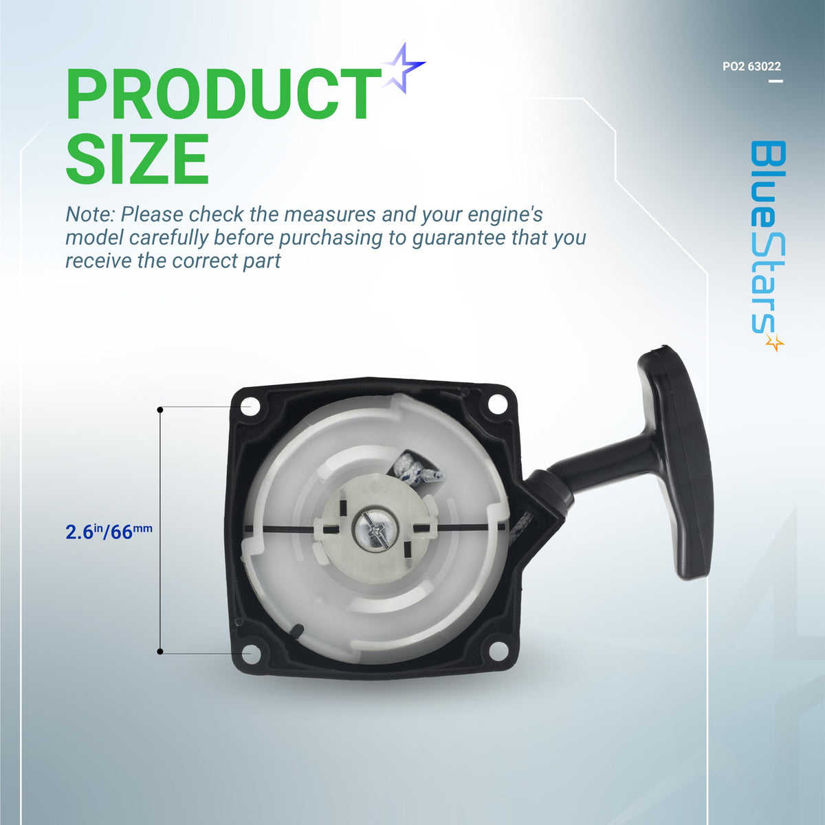 BlueStars recoil starter assembly with ABS pawls and metal housing for durability.