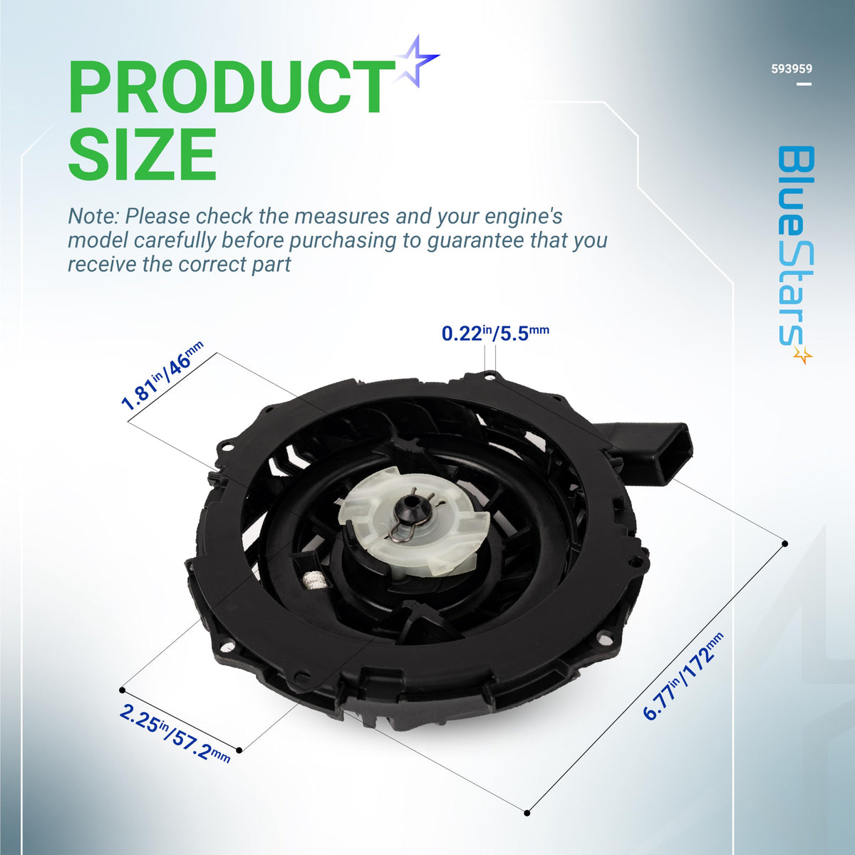 BlueStars recoil starter dimensions 50x183mm image highlights correct fit.