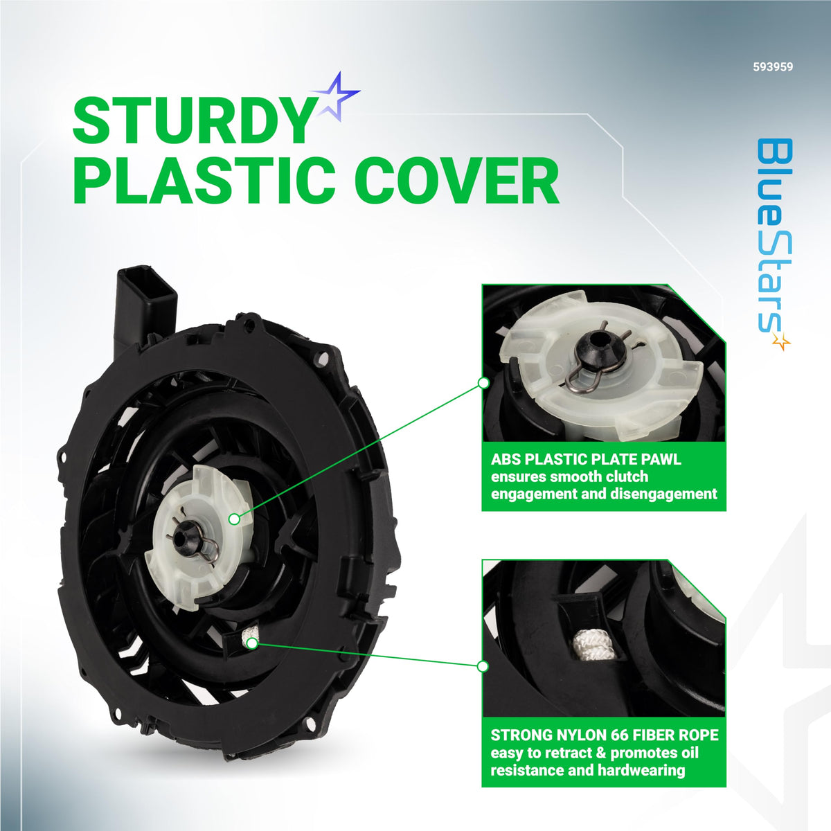 BlueStars recoil starter mount holes image shows 5.5mm mounting holes for compatibility.