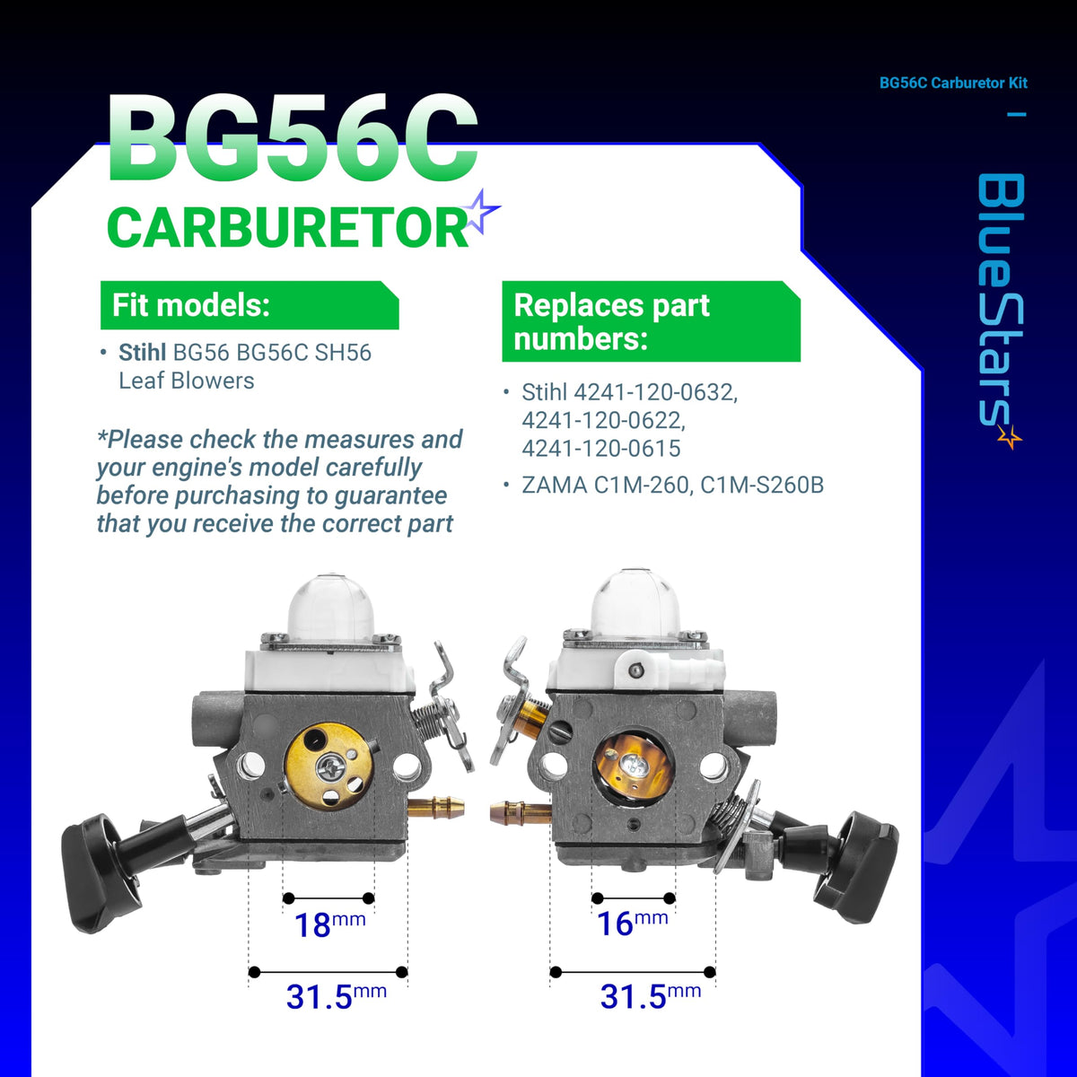 BlueStars spark plug included for reliable ignition.