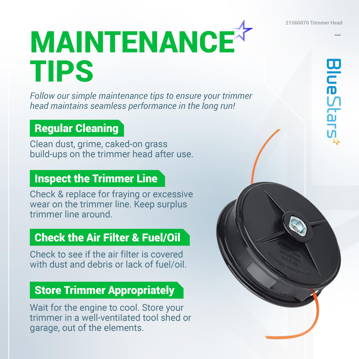 BlueStars SRM trimmer head bolt-size detail confirms M10 left-hand thread