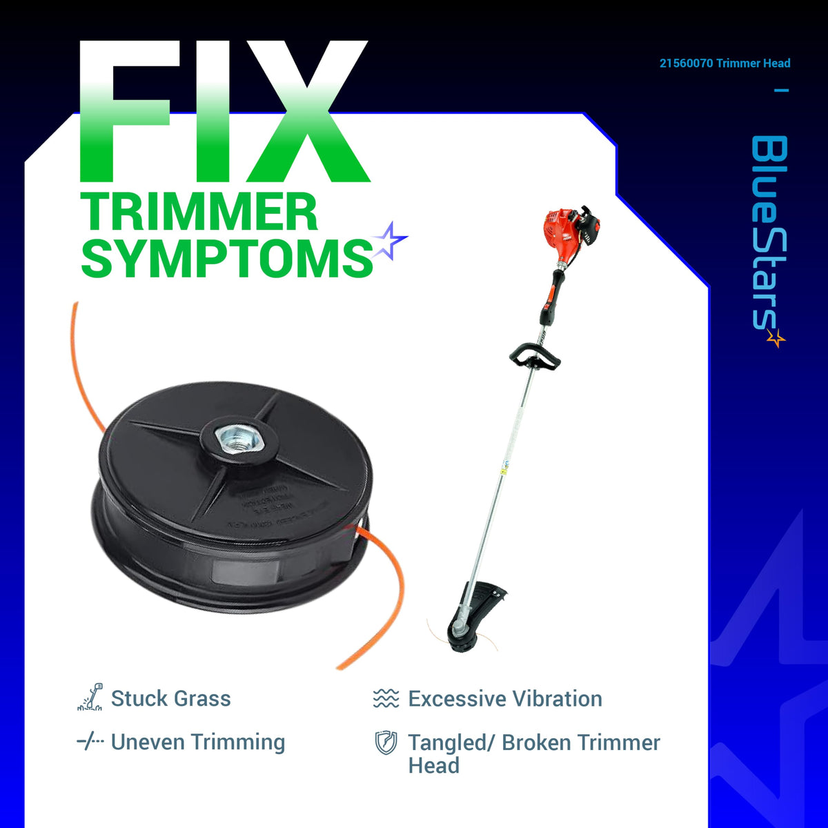 BlueStars SRM trimmer head durability close-up emphasizes sturdy materials