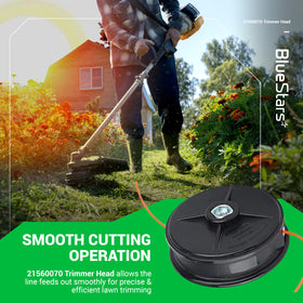 BlueStars SRM trimmer head side view highlights durable metal construction