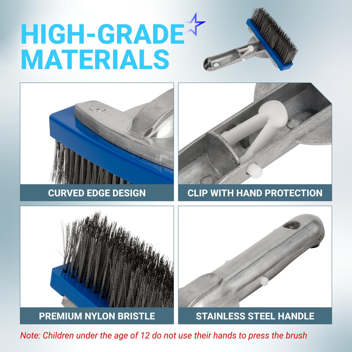 BlueStars stainless steel bristle wire pool brush for durable cleaning on concrete and gunite.