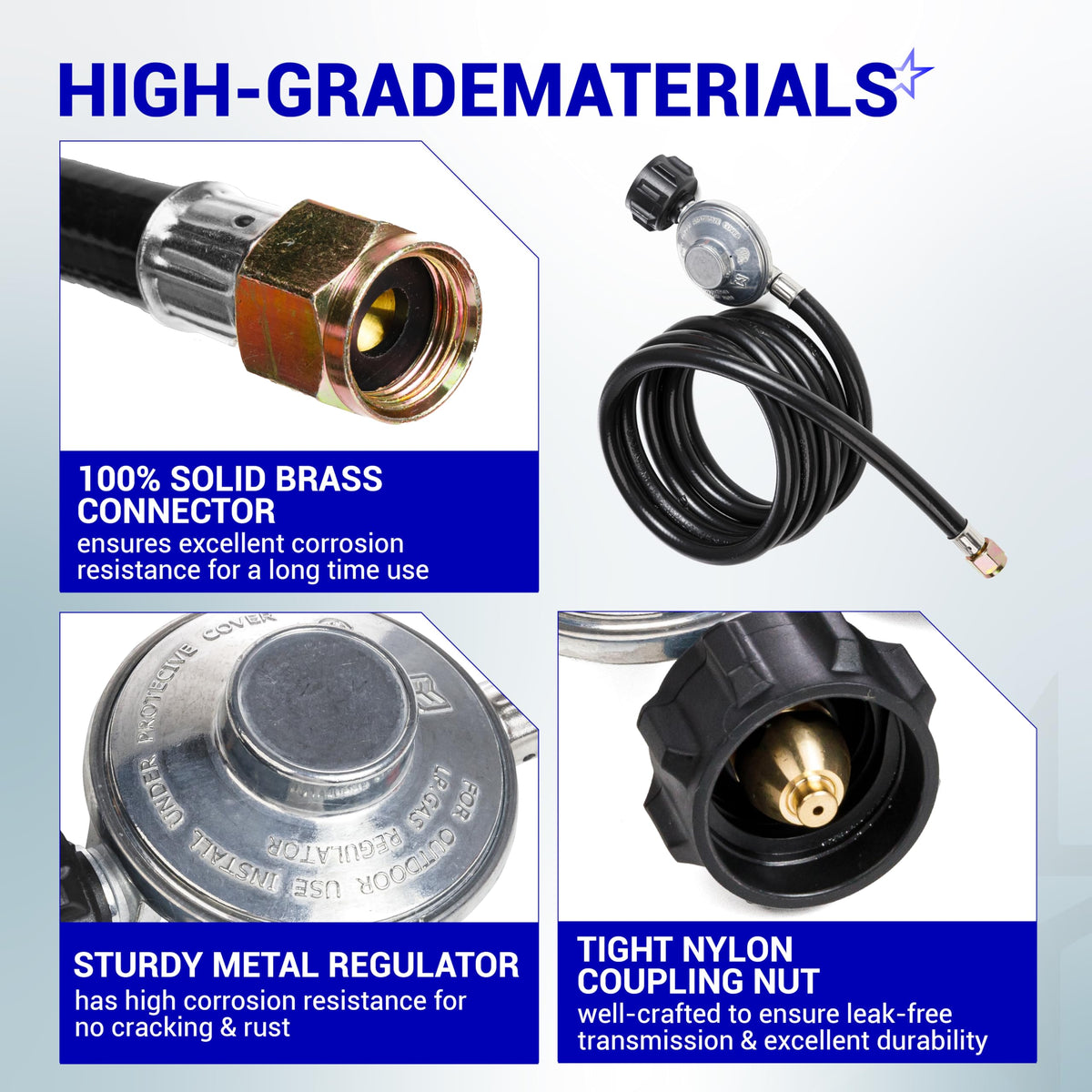 BlueStars hose connected to Weber and Nexgrill; universal compatibility for popular grills.