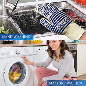 BLUESTEER easy-clean, machine washable oven gloves with storage hook.