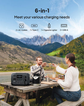 BLUETTI AC2A dual 300W outlets in use during camping setup.