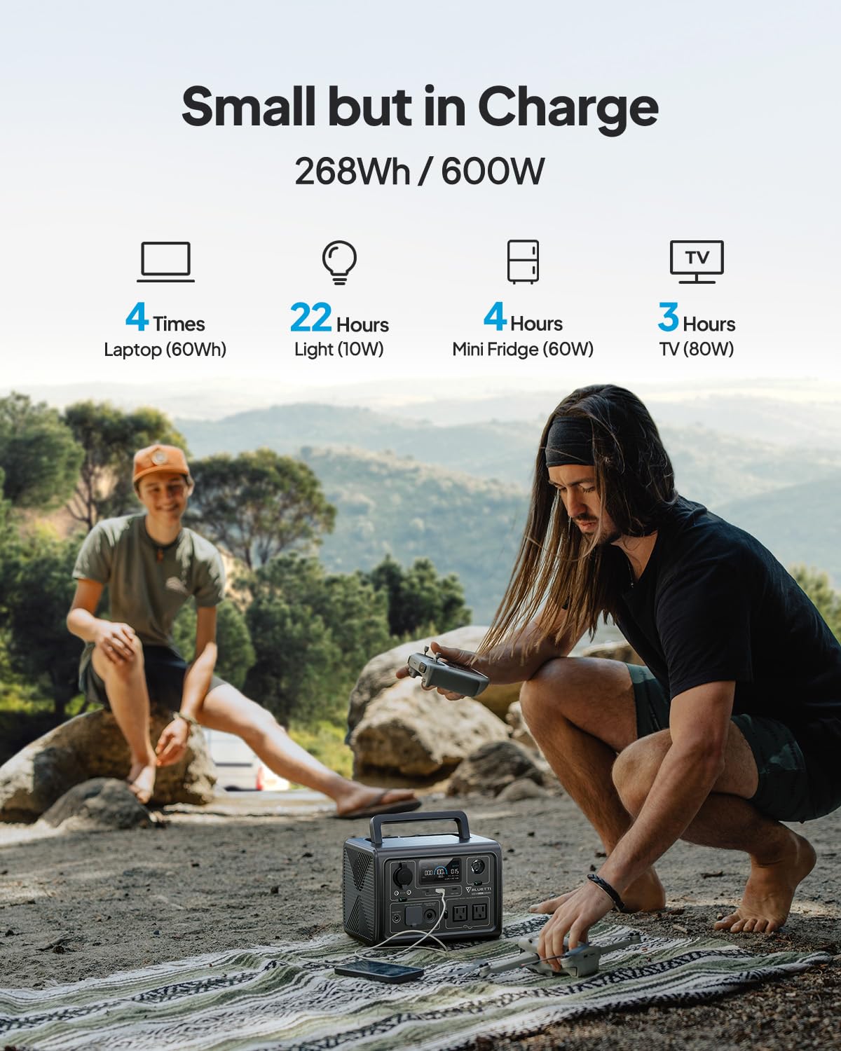 BLUETTI EB3A with nine outlets demonstrates versatile charging options for devices.