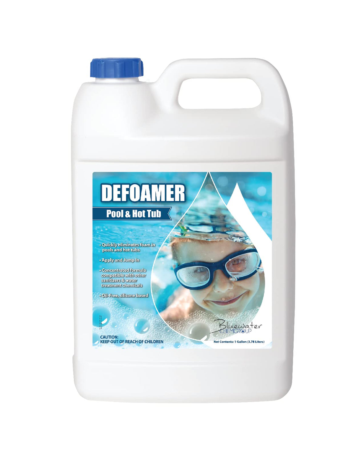 Bluewater Chemgroup pool-defoamer bottle pour quickly reduces surface foam