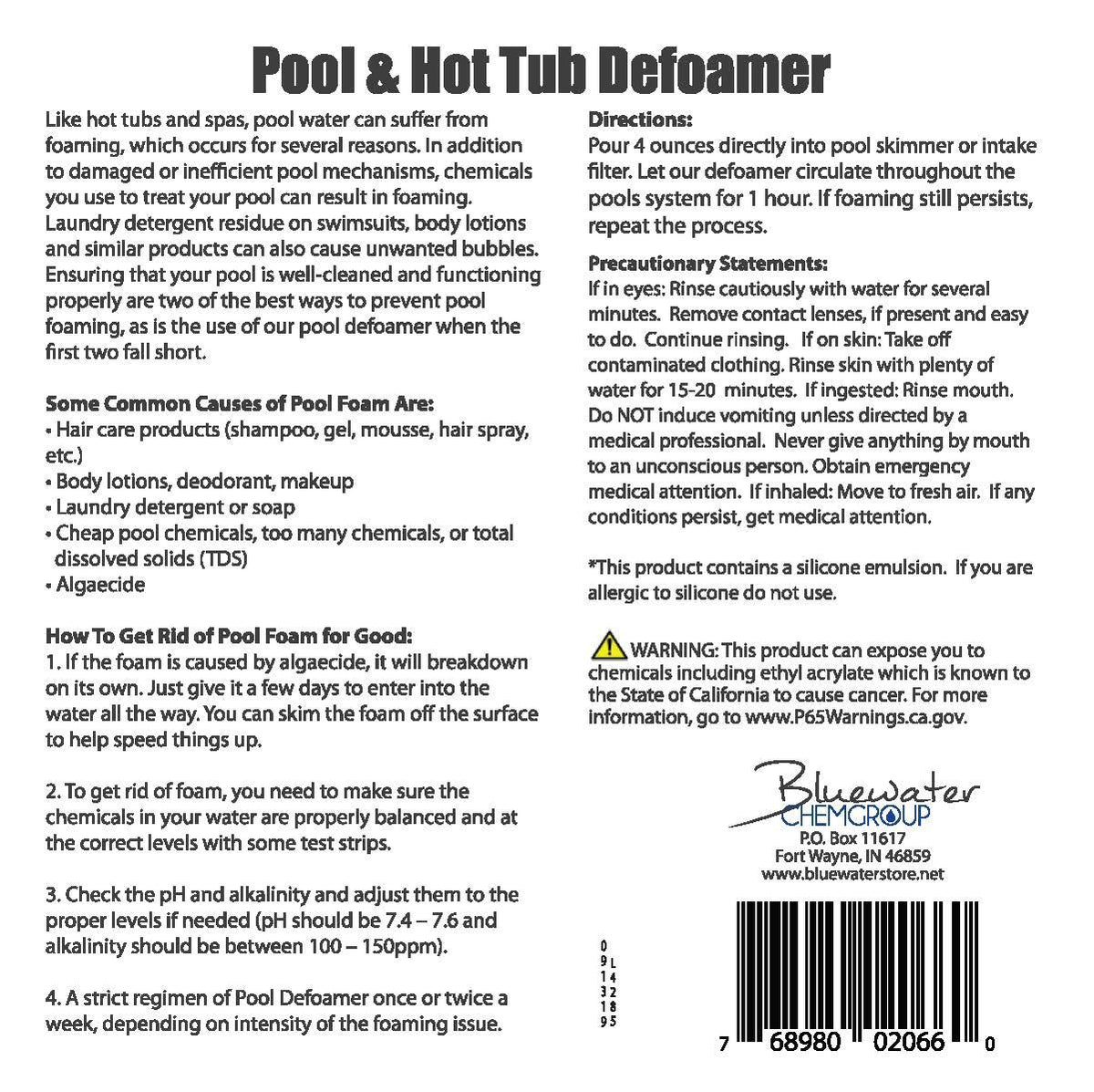 Bluewater Chemgroup pool-defoamer bottle on tile highlights quick foam relief